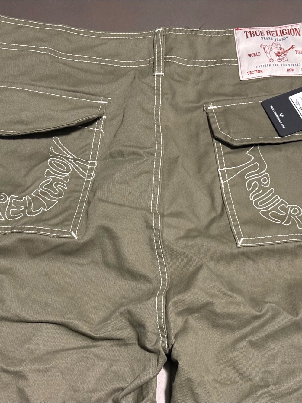 True Religion Olive Cargo Pants with Contrast Stitching
